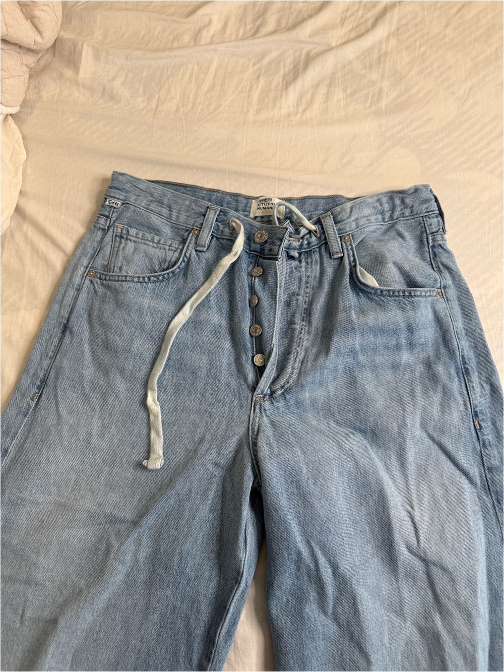 Wide Leg Light Blue Women's Jeans with Drawstring Waist - Picture 4 of 6